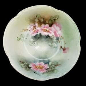 Antique J&C Louise Bavaria Germany Porcelain Bowl Green Pink Floral‎ 5.75" D